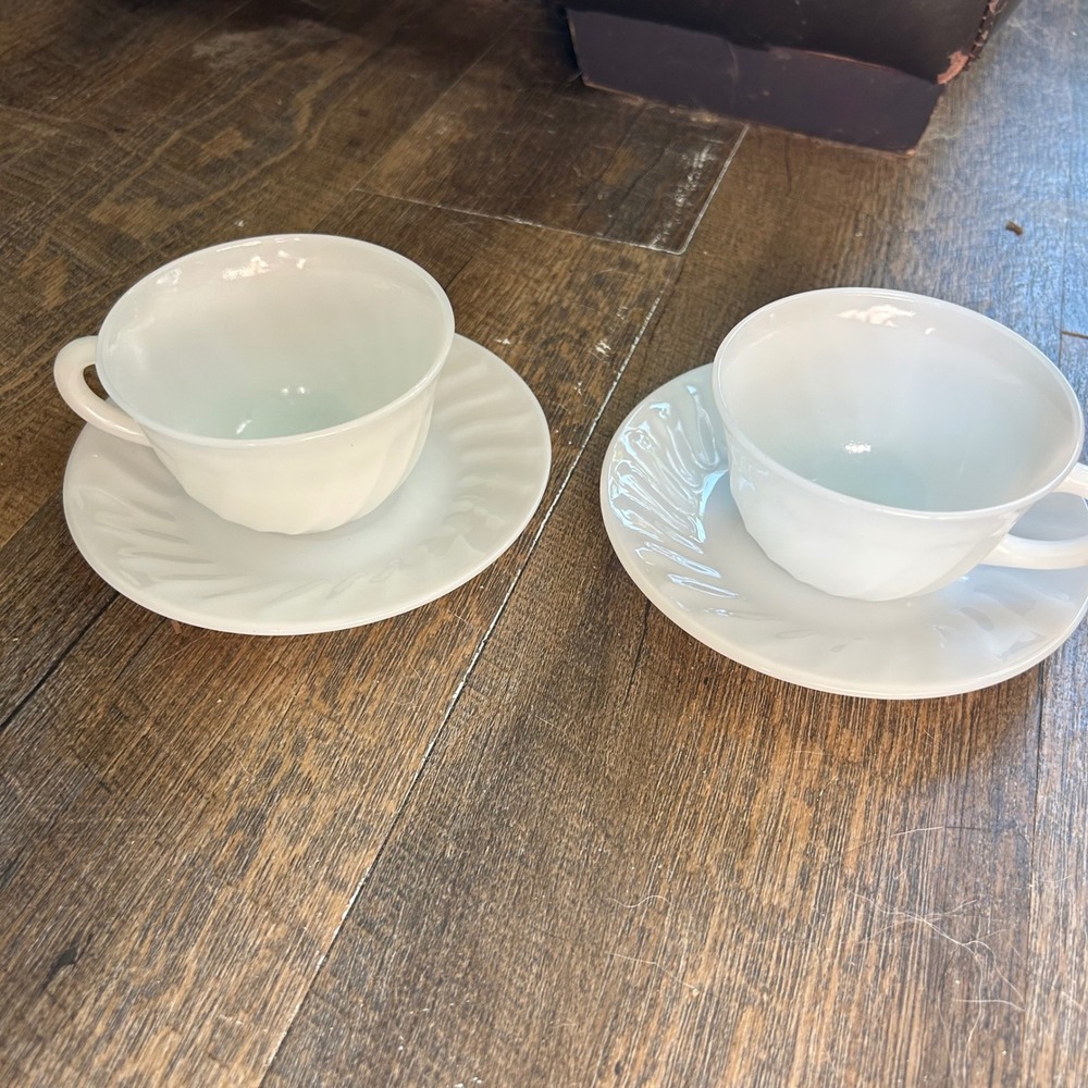 Vintage Fire-King White Swirl Milk Glass Teacup and Saucer Set of 2 MCM USA